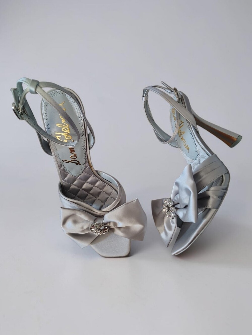 New Sam Edelman Satin Bow Accent Heels In Silver Blue Size Women's 9